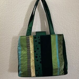 Satin velvet Green Gold Patchwork Bag polka dot Boho fall Y2K 1960’ Whimsigoth
